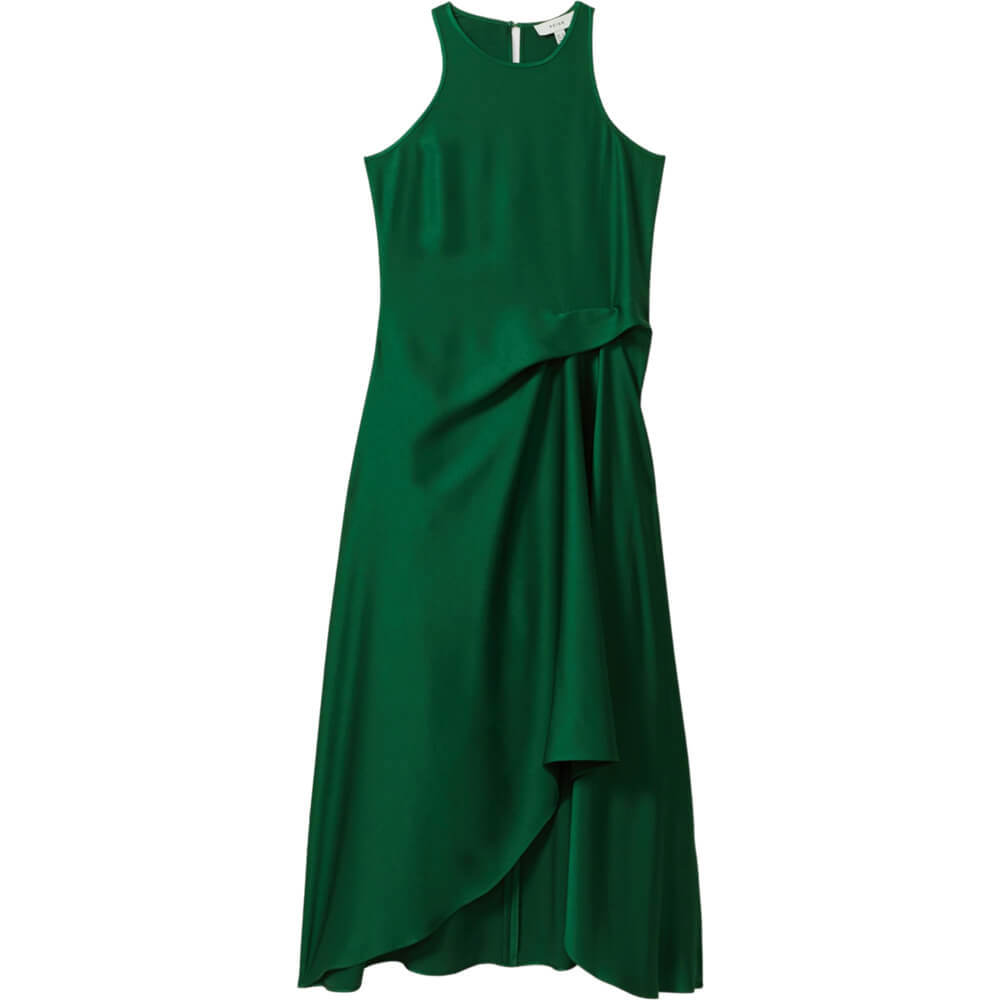 REISS MICAH Satin Drape Tuck Midi Dress